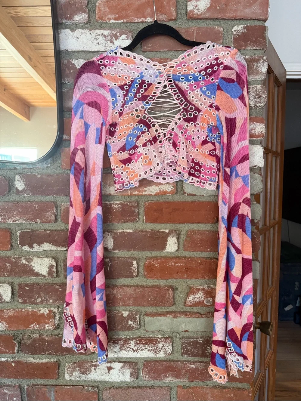 Free People Pink Multi-Color Crochet Lace-Up Crop Top